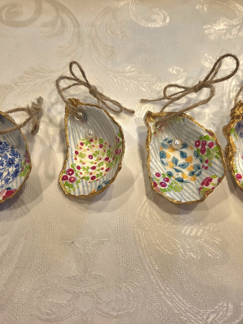 4 Hand-Painted Decoupaged Seashell Ornaments